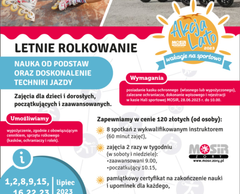 na plakacie zdjęcie rolkarzy i informacje o szkółce rolkowej