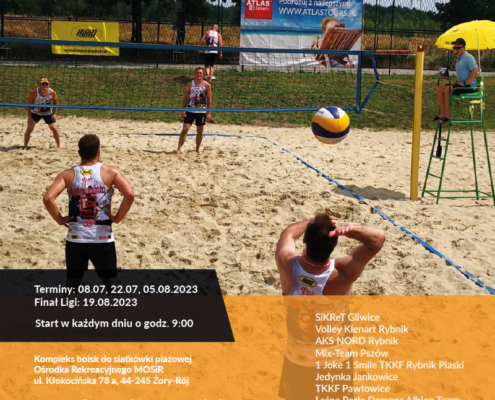 na plakacie zdjęcie zawodników grających w siatkówkę plażowej oraz informacje i wakacyjnych turniejach