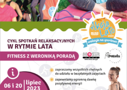 na plakacie zdjęcie instruktorki Weroniki Porady, osoby ćwiczącej oraz informacje o zajęciach fitness