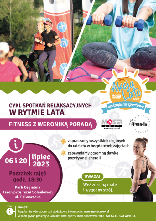 na plakacie zdjęcie instruktorki Weroniki Porady, osoby ćwiczącej oraz informacje o zajęciach fitness