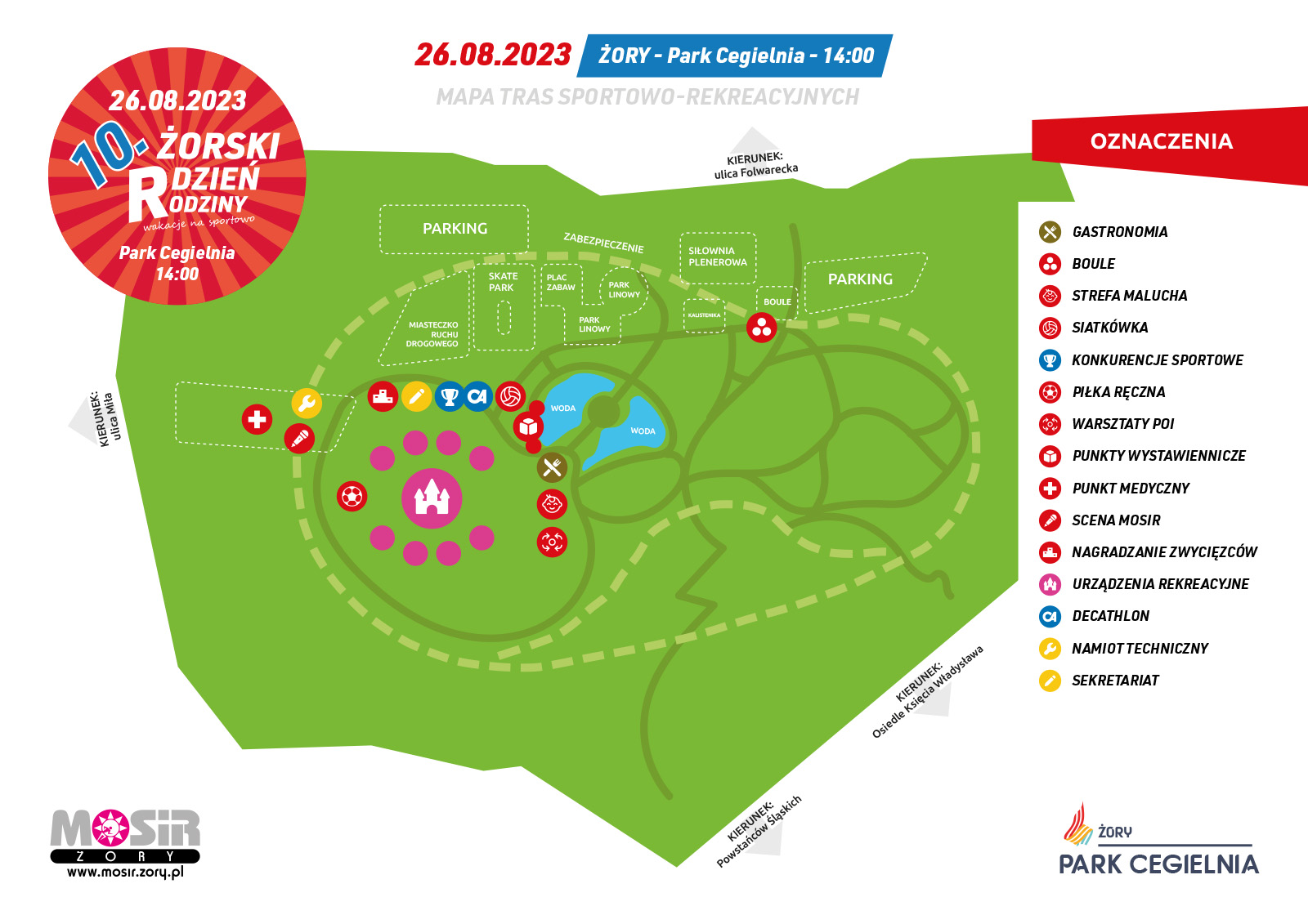 na mapie Park Cegielnia z zaznaczonymi punktami i atrakcjami podczas Żorskiego Dnia Rodziny