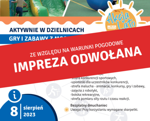 na plakacie informacja o grach i zabawach dzielnicowych, u góry zdjęcie bawiących się dzieci
