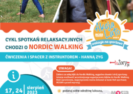 na plakacie informacja o marszu Nordic Walking, u góry zdjęcia osób z kijkami
