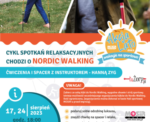 na plakacie informacja o marszu Nordic Walking, u góry zdjęcia osób z kijkami
