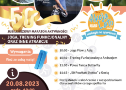 na plakacie zdjęcie instruktorów fitness oraz zaproszenie na maraton aktywności, na dole loga