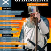 plakat promujący 20 Jarmark Władysławowski z wizerunkiem rycerza w zbroi oraz programem imprezy, opisanym w tekście