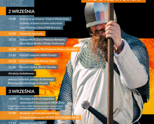 plakat promujący 20 Jarmark Władysławowski z wizerunkiem rycerza w zbroi oraz programem imprezy, opisanym w tekście
