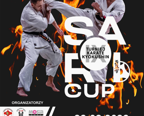 na plakacie na czarnym tle informacje o turnieju karate i zdjęcie dwóch zawodników w białych strojach