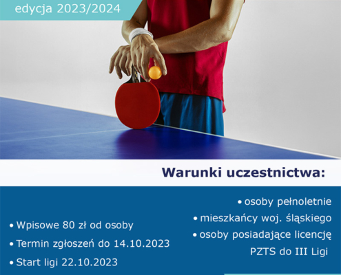 na plakacie na niebieskim tle informacje o zapisach do ligi tenisa stołowego, na środku zdjęcie zawodnika z piłką i rakietką przy stole tenisowym