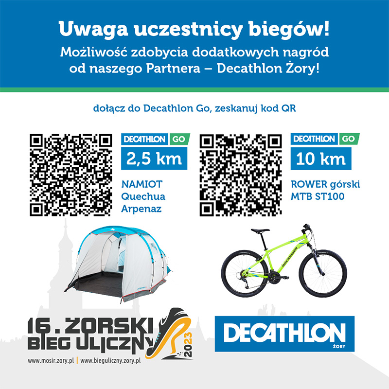 na grafice kody QR, zdjęcie namiotu i roweru oraz informacja o konkursie