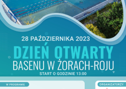 Plakat promujący Dzień Otwarty Basenu w Żorach-Roju w dniu 28.10.2023 r. od godz. 13:00. Na plakacie zdjęcie basenu z kolorowymi atrakcjami oraz atrakcje Dnia Otwartego, wypisane w tekście