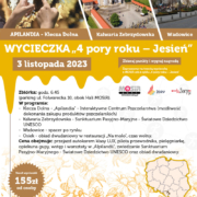 na plakacie informacja o wycieczce jesiennej, u góry zdjęcia atrakcji, na dole mapa Polski