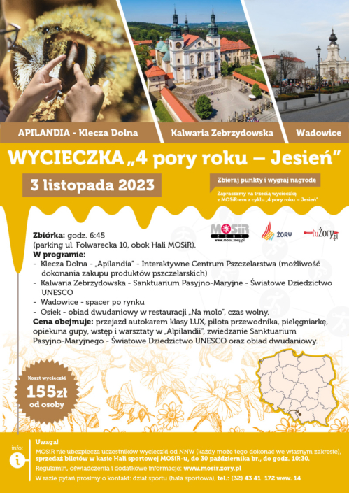 na plakacie informacja o wycieczce jesiennej, u góry zdjęcia atrakcji, na dole mapa Polski