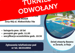 na plakacie informacje o turnieju tenisa ziemnego, u góry zdjęcie siatki i piłki, na dole zdjęcie nowego basenu w Żorach-Roju i duży napis turniej odwołany