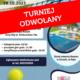 na plakacie informacje o turnieju tenisa ziemnego, u góry zdjęcie siatki i piłki, na dole zdjęcie nowego basenu w Żorach-Roju i duży napis turniej odwołany