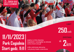 na plakacie na czerwonym tle informacje o biegu biało-czerwonym, u góry zdjęcie tłumu z flagami