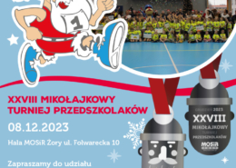 na plakacie na niebieskim tle zdjęcie przedszkolaków w hali sportowej, ilustracja Mikołaja sportowca i wzór medalu
