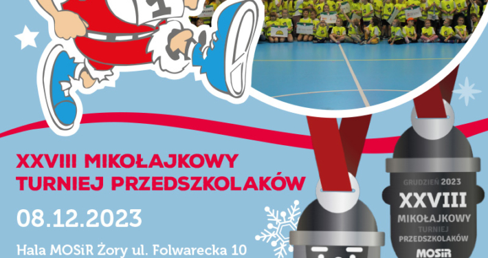 na plakacie na niebieskim tle zdjęcie przedszkolaków w hali sportowej, ilustracja Mikołaja sportowca i wzór medalu