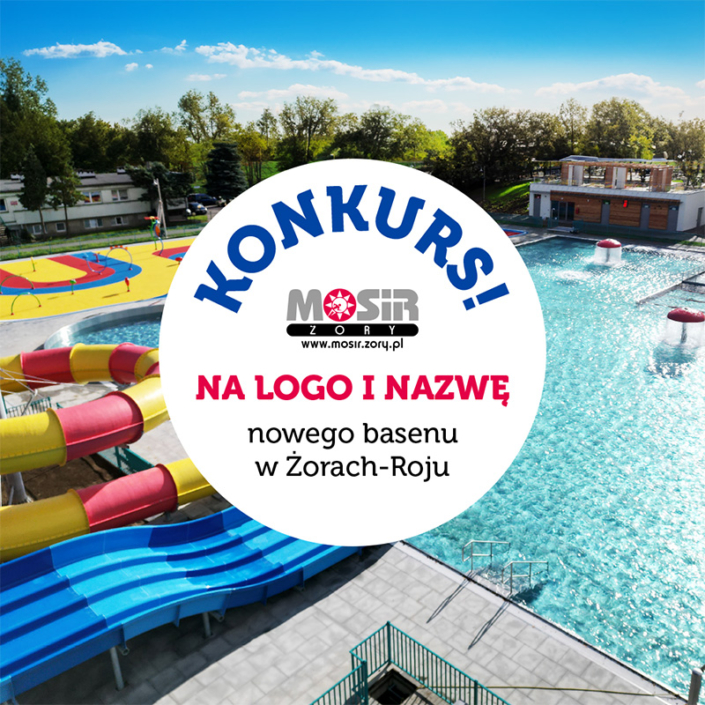 na grafice informacja o konkursie na logo, w tle zdjęcie nowego basenu