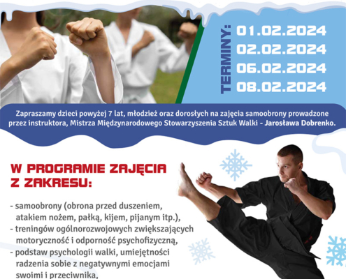 na plakacie w motywie zimowym zdjęcie zawodników karate i informacje o zajęciach