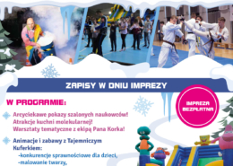 na plakacie w klimacie zimowym zdjęcia aktywności sportowych karate, dmuchańców i konkurencji i informacje o wydarzeniu