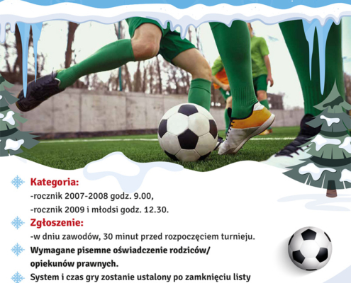 na plakacie w motywie zimowym zdjęcie piłkarzy grających w piłkę nożną na boisku i informacje o turnieju