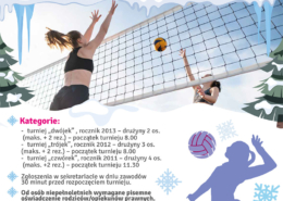 Na plakacie w klimacie zimowym zdjęcie zawodniczek grających w siatkówkę i informacje o turnieju
