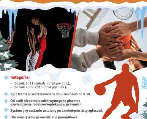na plakacie w klimacie zimowym zdjęcie zawodników grających w koszykówkę i informacje o turnieju