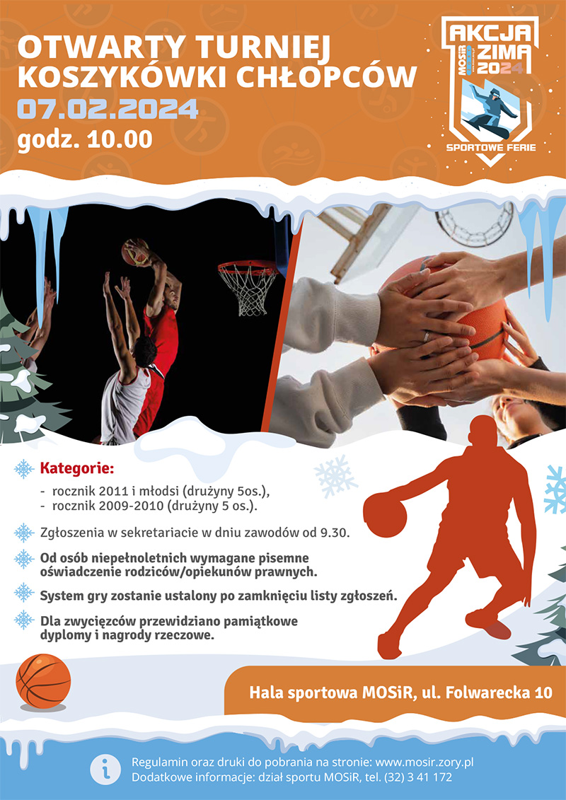 na plakacie w klimacie zimowym zdjęcie zawodników grających w koszykówkę i informacje o turnieju