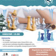 na plakacie w klimacie zimowym zdjęcie szachownicy i informacje o turnieju szachowym