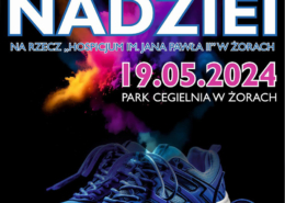 info: na plakacie zdjęcie butów do biegania i informacje o charytatywnej imprezie biegowej