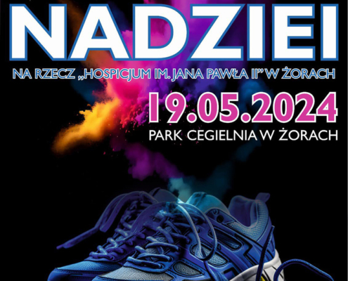 info: na plakacie zdjęcie butów do biegania i informacje o charytatywnej imprezie biegowej