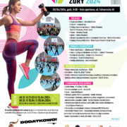 na plakacie informacja o wydarzeniu fitness, program i zdjęcia z poprzednich imprez oraz w tle zdjęcie ćwiczącej kobiety