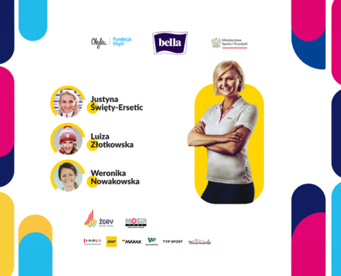 Grafika z logo projektu Mistrzynie w szkołach oraz wizerunkiem Otylii Jędrzejczak oraz loga i zdjęcia partnerów