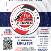 na plakacie informacje o zawodach biathlonowych, loga i ilustracje strzeleckie