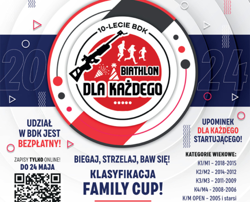 na plakacie informacje o zawodach biathlonowych, loga i ilustracje strzeleckie