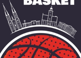 na plakacie ilustracja piłki do koszykówki, miasta Rybnik oraz informacje o turnieju koszykówki