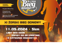 Na plakacie w klimacie ogniowym informacje o żarskim biegu ogniowym i loga oraz postać biegacza