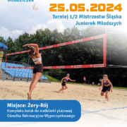 na plakacie informacje o turnieju siatkówki plażowej, w tle zdjęcie zawodników podczas gry