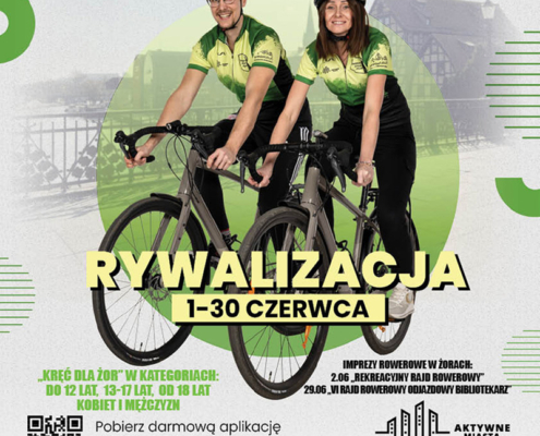 Na plakacie i informacje o rywalizacjach rowerowych i zdjęcie dwóch osób na rowerach