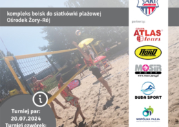 na grafice zdjęcie zawodników grających w siatkówkę plażową, informacje o turnieju i logo