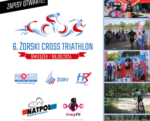 na grafice logo Żorskiego Cross Triathlonu, loga i zdjęcia konkurencji z poprzedniej edycji