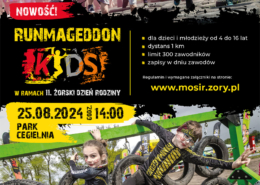 na plakacie informacje o runmageddonie kids, zdjęcia dzieci podczas ekstremalnych konkurencji oraz logo na ciemnym tle