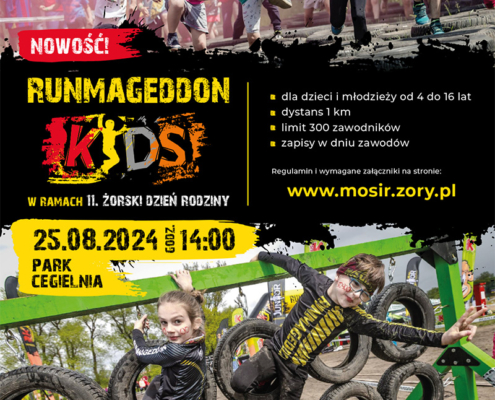 na plakacie informacje o runmageddonie kids, zdjęcia dzieci podczas ekstremalnych konkurencji oraz logo na ciemnym tle