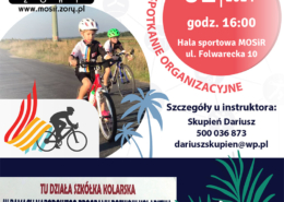 na plakacie informacje o naborze do szkółki kolarskiej, zdjęcie dzieci na rowerach i logo