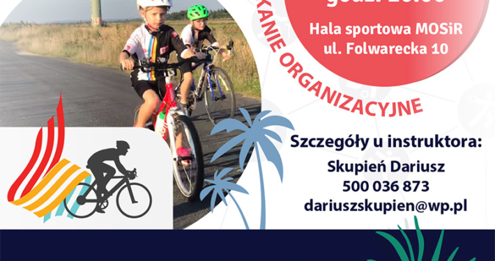 na plakacie informacje o naborze do szkółki kolarskiej, zdjęcie dzieci na rowerach i logo