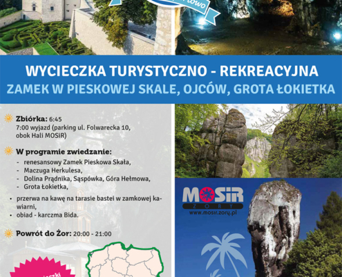 na plakacie zdjęcia atrakcji wyjazdowych, mapa Polski i informacja o wycieczce oraz logo