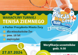 na plakacie zdjęcie tenisisty na korcie, informacje o turnieju tenisa i logo