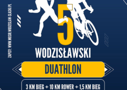 na niebieskim plakacie sylwetka biegacza i rowerzysty, informacje o duathlonie i logo