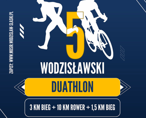 na niebieskim plakacie sylwetka biegacza i rowerzysty, informacje o duathlonie i logo